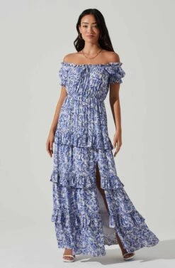 Viona Floral Off Shoulder Tiered Maxi Dress -Sun Gaia Dresses Shop ACDR101591 BLUEWHITEMULTI 1