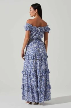 Viona Floral Off Shoulder Tiered Maxi Dress -Sun Gaia Dresses Shop ACDR101591 BLUEWHITEMULTI 5