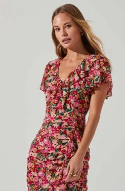 Vilma Floral Ruched Midi Dress -Sun Gaia Dresses Shop ACDR101621 REDMULTIFLORAL 3