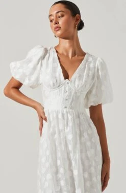 Sandy Polka Dot Puff Sleeve Midi Dress -Sun Gaia Dresses Shop ACDR101622 WHITEJACQUARD 2