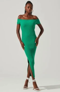 Loriana Ribbed Knit Off Shoulder Midi Dress 15 Loriana Ribbed Knit Off Shoulder Midi Dress -Sun Gaia Dresses Shop ACDR101639 GREEN 1