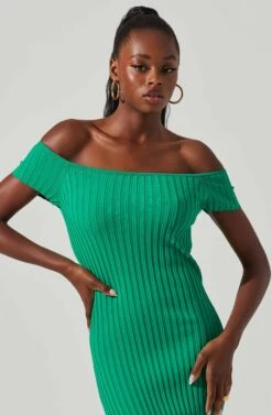 Loriana Ribbed Knit Off Shoulder Midi Dress 16 Loriana Ribbed Knit Off Shoulder Midi Dress -Sun Gaia Dresses Shop ACDR101639 GREEN 3
