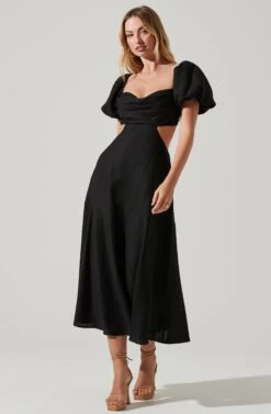 Winley Puff Sleeve Cutout Midi Dress -Sun Gaia Dresses Shop ACDR101685 BLACK 1