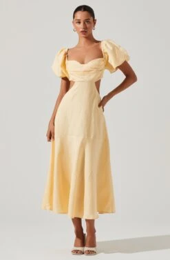 Winley Puff Sleeve Cutout Midi Dress -Sun Gaia Dresses Shop ACDR101685 LEMON 2