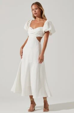 Winley Puff Sleeve Cutout Midi Dress -Sun Gaia Dresses Shop ACDR101685 OFFWHITE 2
