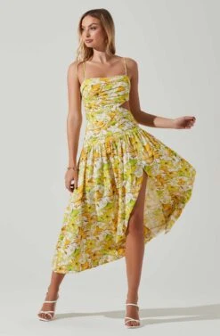 Kalina Floral Pleated Bust Midi Dress -Sun Gaia Dresses Shop ACDR101728 YELLOWFLORAL 1