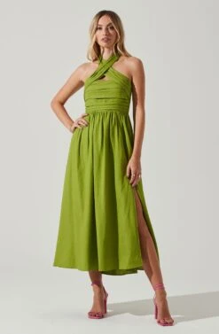 Zaria Pleated Halter Midi Dress -Sun Gaia Dresses Shop ACDR101778 AVOCADO 1