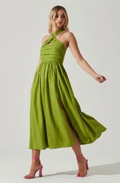 Zaria Pleated Halter Midi Dress -Sun Gaia Dresses Shop ACDR101778 AVOCADO 2