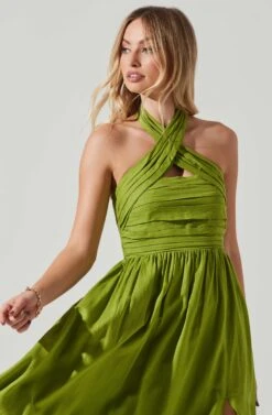 Zaria Pleated Halter Midi Dress -Sun Gaia Dresses Shop ACDR101778 AVOCADO 3