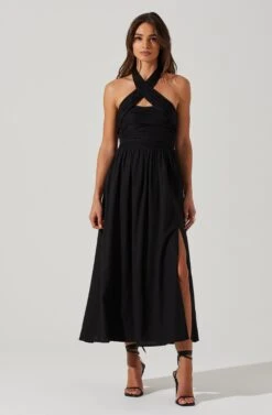 Zaria Pleated Halter Midi Dress -Sun Gaia Dresses Shop ACDR101778 BLACK 1