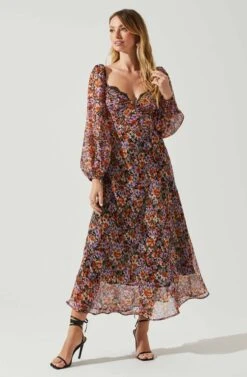 Sylvie Floral Puff Sleeve Midi Dress 10 Sylvie Floral Puff Sleeve Midi Dress -Sun Gaia Dresses Shop ACDR101889 ORANGEPURPLEFLORAL 2