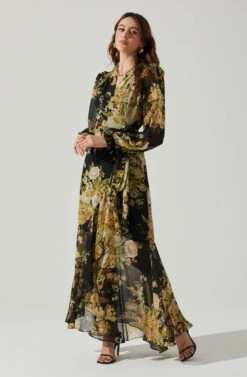Kamila Long Sleeve Floral Wrap Maxi Dress -Sun Gaia Dresses Shop ACDR101894 BLACKYELLOWMULTI 2