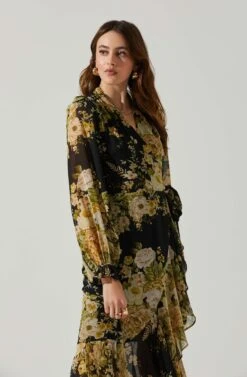 Kamila Long Sleeve Floral Wrap Maxi Dress -Sun Gaia Dresses Shop ACDR101894 BLACKYELLOWMULTI 4