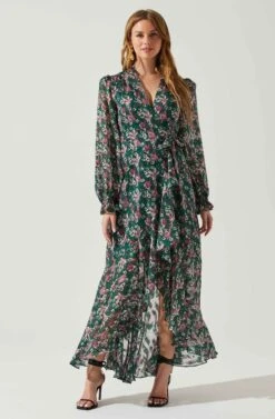 Kamila Long Sleeve Floral Wrap Maxi Dress -Sun Gaia Dresses Shop ACDR101894 GREENPINKFLORAL 1