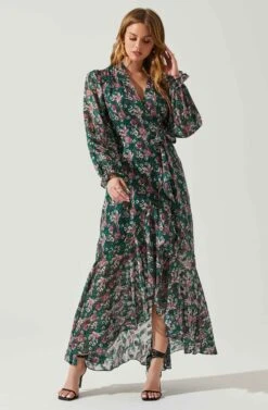 Kamila Long Sleeve Floral Wrap Maxi Dress -Sun Gaia Dresses Shop ACDR101894 GREENPINKFLORAL 2