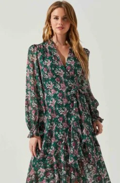 Kamila Long Sleeve Floral Wrap Maxi Dress -Sun Gaia Dresses Shop ACDR101894 GREENPINKFLORAL 3