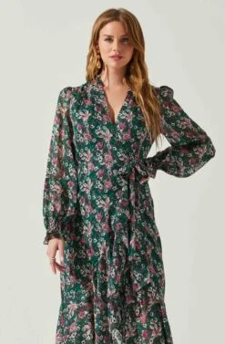 Kamila Long Sleeve Floral Wrap Maxi Dress -Sun Gaia Dresses Shop ACDR101894 GREENPINKFLORAL 4