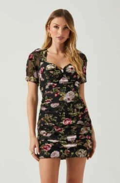 Elandra Floral Burnout Puff Sleeve Mini Dress -Sun Gaia Dresses Shop ACDR101928SH BLACKREDFLORAL 4