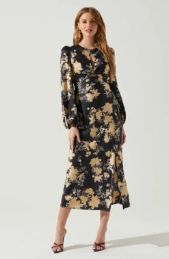 Suzy Floral Satin Front Cutout Midi Dress -Sun Gaia Dresses Shop ACDR101971 BLACKCREAMFLORAL 1
