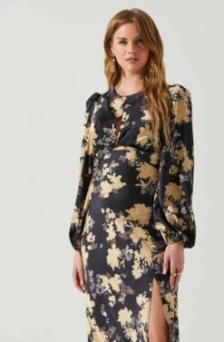 Suzy Floral Satin Front Cutout Midi Dress -Sun Gaia Dresses Shop ACDR101971 BLACKCREAMFLORAL 4
