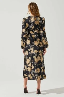 Suzy Floral Satin Front Cutout Midi Dress -Sun Gaia Dresses Shop ACDR101971 BLACKCREAMFLORAL 5