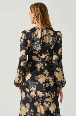 Suzy Floral Satin Front Cutout Midi Dress -Sun Gaia Dresses Shop ACDR101971 BLACKCREAMFLORAL 6