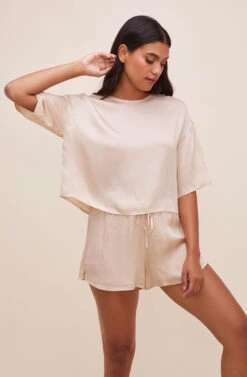 Rosabel Satin Tie Front Shorts -Sun Gaia Dresses Shop ACP7208 CHAMPAGNE 2