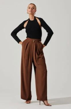 Boyfriend Criss Cross Pleated Wide Leg Pants 36 Boyfriend Criss Cross Pleated Wide Leg Pants -Sun Gaia Dresses Shop ACP7225 BROWN 1 2