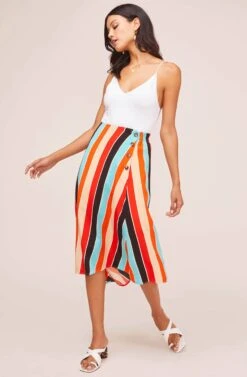 Monica Striped Midi Skirt -Sun Gaia Dresses Shop ACS9020 AQUA ORANGE STRIPE 1A