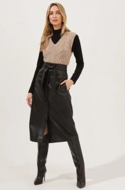 Lorette Tie Waist Faux Leather Midi Skirt