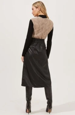 Lorette Tie Waist Faux Leather Midi Skirt -Sun Gaia Dresses Shop ACS9065 BLACK 5