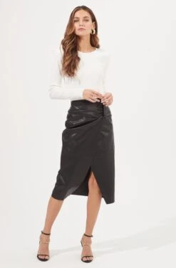 Kari Faux Leather Twist Front Midi Skirt
