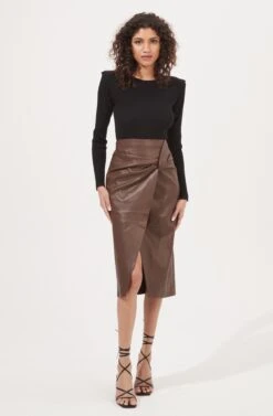 Kari Faux Leather Twist Front Midi Skirt -Sun Gaia Dresses Shop ACS9076 BROWN 1