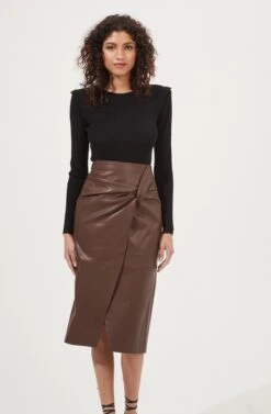 Kari Faux Leather Twist Front Midi Skirt -Sun Gaia Dresses Shop ACS9076 BROWN 2