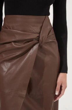 Kari Faux Leather Twist Front Midi Skirt -Sun Gaia Dresses Shop ACS9076 BROWN 4