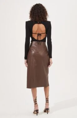 Kari Faux Leather Twist Front Midi Skirt -Sun Gaia Dresses Shop ACS9076 BROWN 5