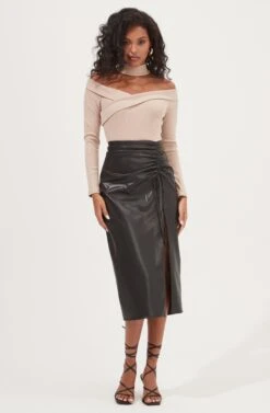 Alondra Ruched Faux Leather Midi Skirt -Sun Gaia Dresses Shop ACS9082 BLACK 1