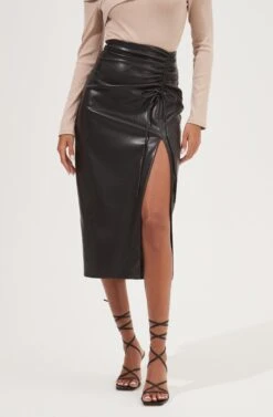 Alondra Ruched Faux Leather Midi Skirt -Sun Gaia Dresses Shop ACS9082 BLACK 3