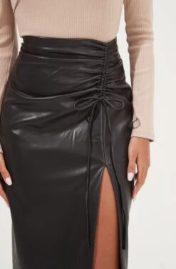 Alondra Ruched Faux Leather Midi Skirt -Sun Gaia Dresses Shop ACS9082 BLACK 4