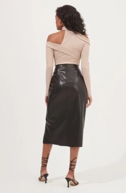 Alondra Ruched Faux Leather Midi Skirt -Sun Gaia Dresses Shop ACS9082 BLACK 5