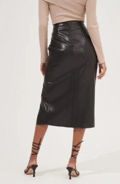 Alondra Ruched Faux Leather Midi Skirt -Sun Gaia Dresses Shop ACS9082 BLACK 7