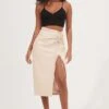 Alondra Ruched Faux Leather Midi Skirt -Sun Gaia Dresses Shop ACS9082 CREAM 1