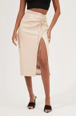 Alondra Ruched Faux Leather Midi Skirt -Sun Gaia Dresses Shop ACS9082 CREAM 3