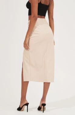 Alondra Ruched Faux Leather Midi Skirt -Sun Gaia Dresses Shop ACS9082 CREAM 6