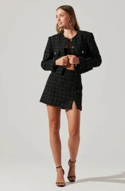 Covina Tweed Mini Skirt -Sun Gaia Dresses Shop ACS9096T BLACKPLAID 3