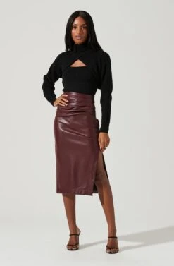 Melody Faux Leather Midi Skirt -Sun Gaia Dresses Shop ACS9099 WINE 0898