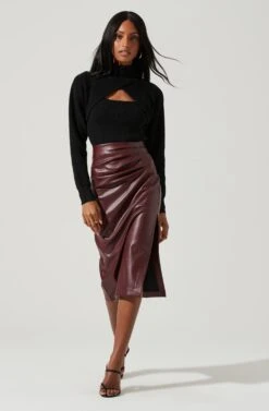 Melody Faux Leather Midi Skirt -Sun Gaia Dresses Shop ACS9099 WINE 0902
