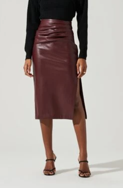 Melody Faux Leather Midi Skirt -Sun Gaia Dresses Shop ACS9099 WINE 0908