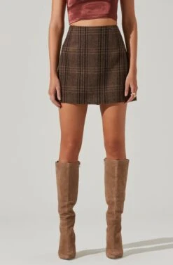 Brina Plaid Mini Skirt -Sun Gaia Dresses Shop ACS9107 BROWNBLACKPLAID 14151