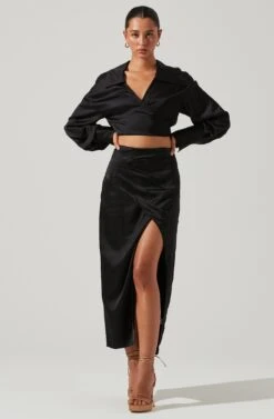 Loretta Satin Wrap Front Midi Skirt -Sun Gaia Dresses Shop ACS9111VR BLACK 2